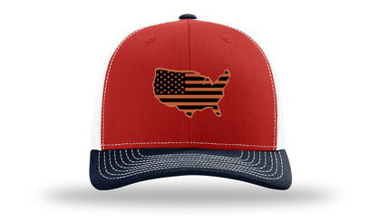 USA Flag Cutout Leather Patch Richardson 112 Hat-Maronn / White