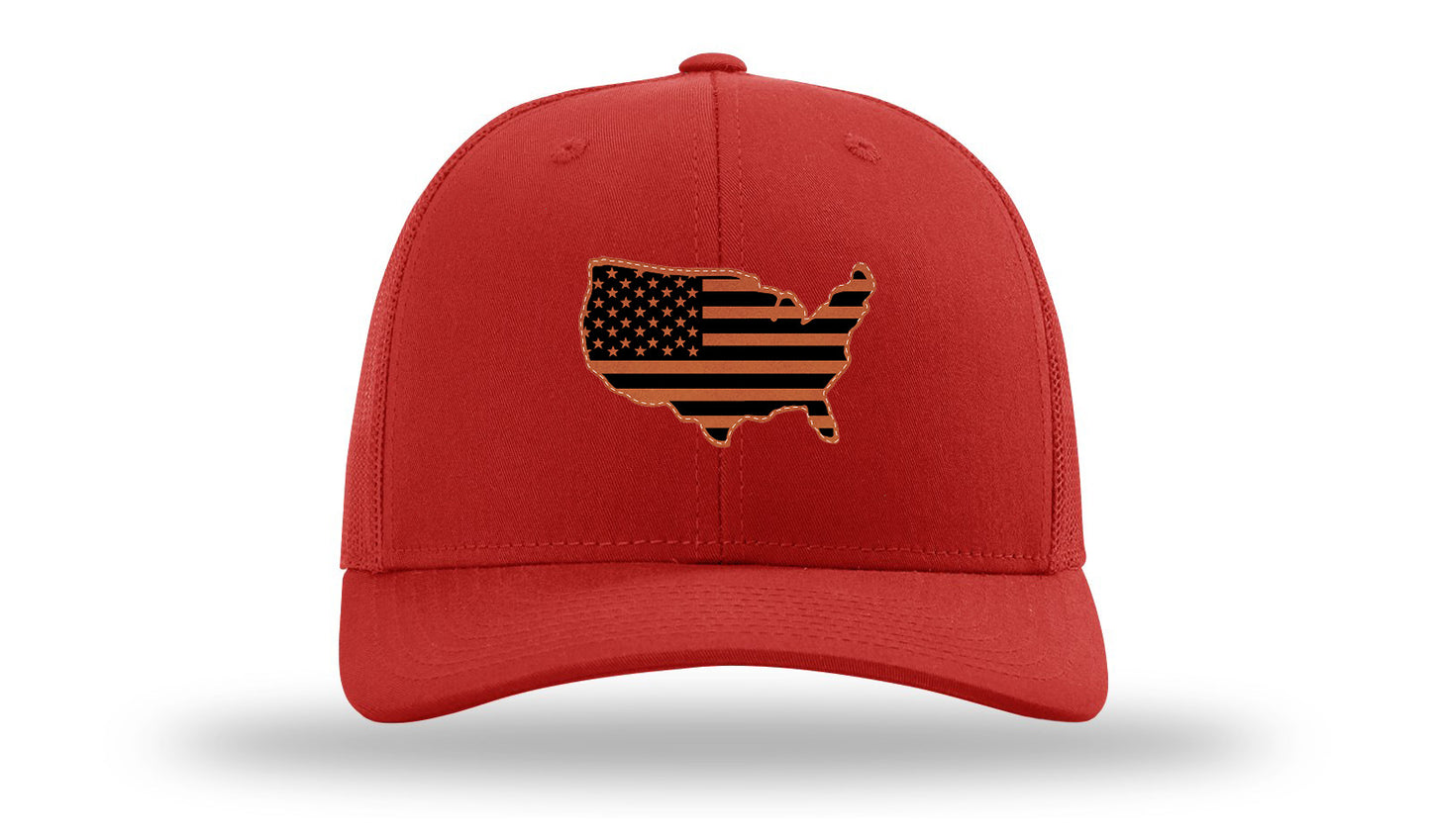 USA Flag Cutout Leather Patch Richardson 112 Hat-Red