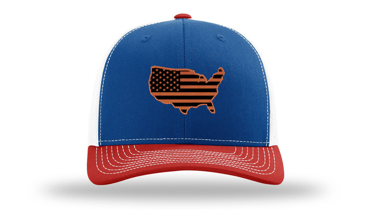 USA Flag Cutout Leather Patch Richardson 112 Hat-Royal / White / Red