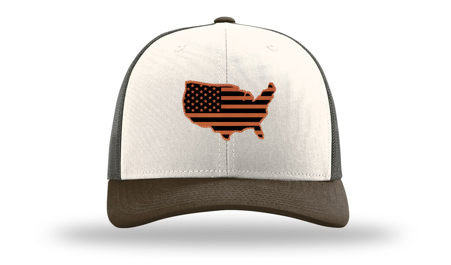 USA Flag Cutout Leather Patch Richardson 112 Hat-Cream / Gray Brown / Brown