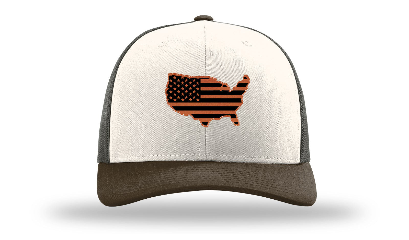 USA Flag Cutout Leather Patch Richardson 112 Hat-Cream / Gray Brown / Brown