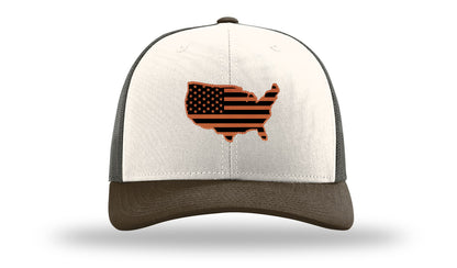 USA Flag Cutout Leather Patch Richardson 112 Hat-Cream / Gray Brown / Brown