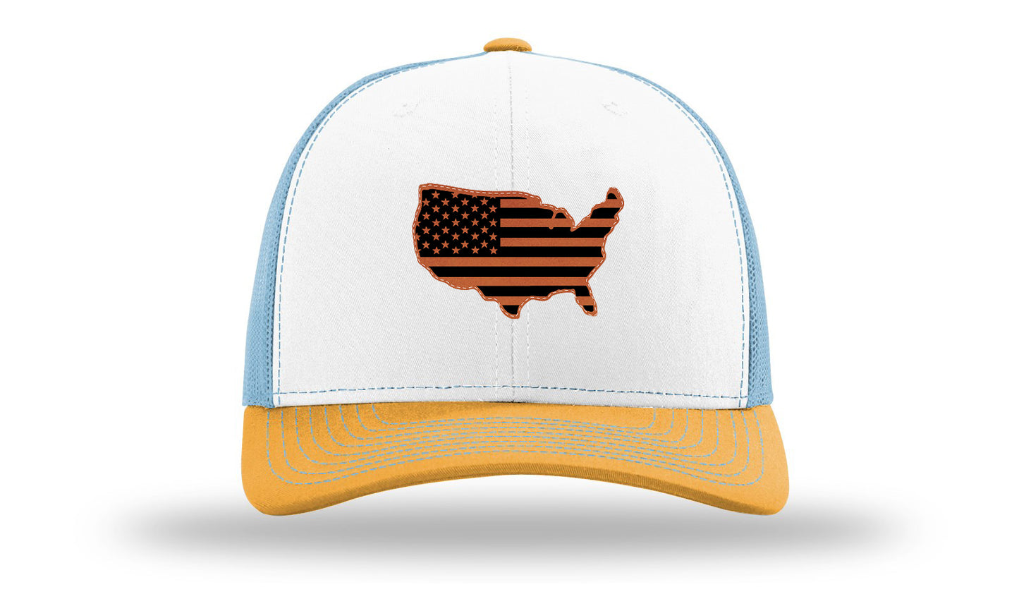 USA Flag Cutout Leather Patch Richardson 112 Hat-White / Columbia Blue / Yellow
