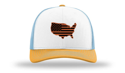 USA Flag Cutout Leather Patch Richardson 112 Hat-White / Columbia Blue / Yellow