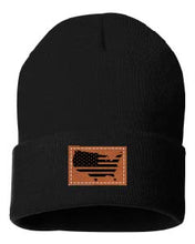 Load image into Gallery viewer, USA Flag Cutout Leather Patch Cuffed Beanie
