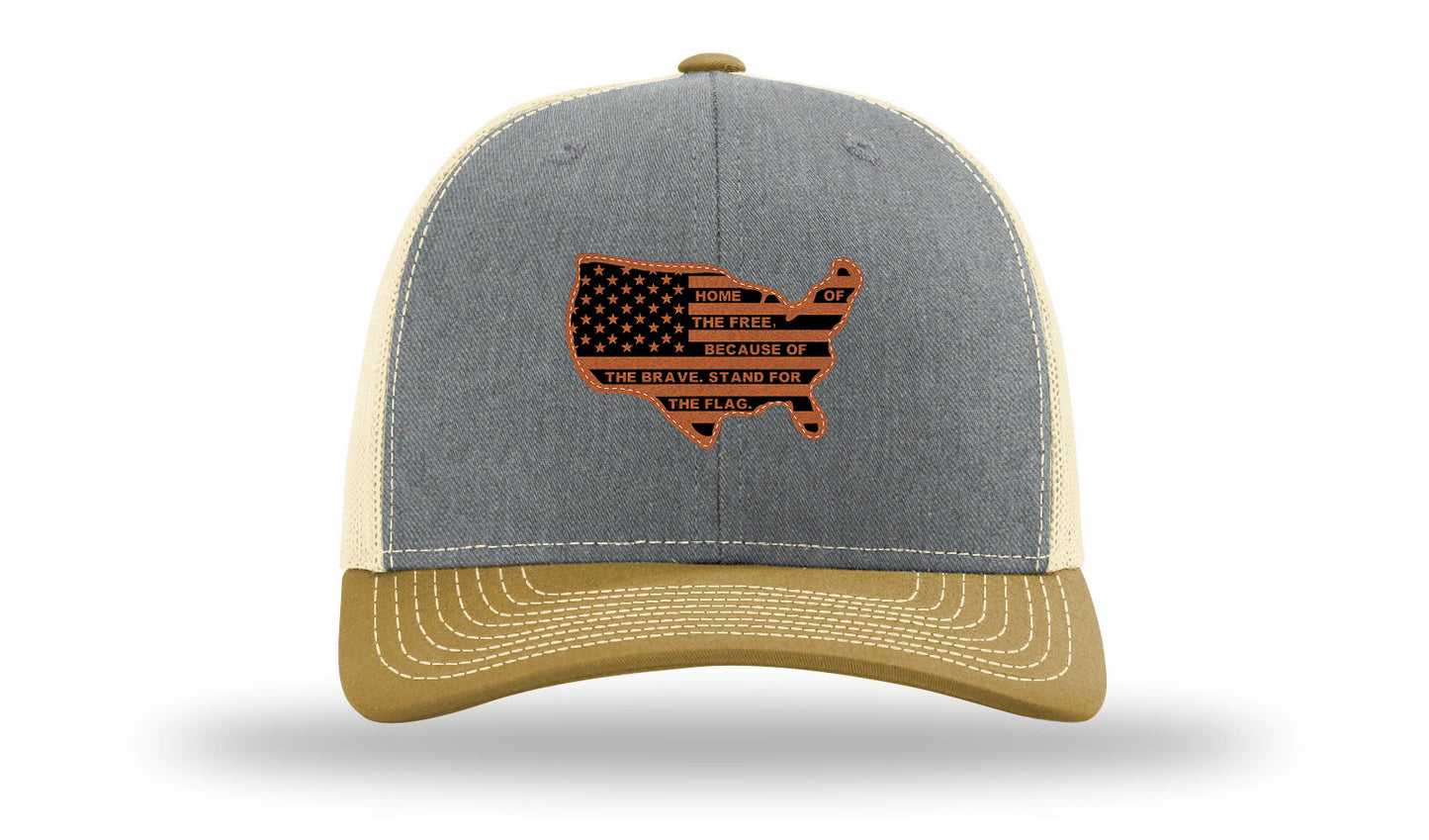 Home Of The Free Cutout Leather Patch Richardson 112 Hat-Heather Grey / Birch / Amber Gold