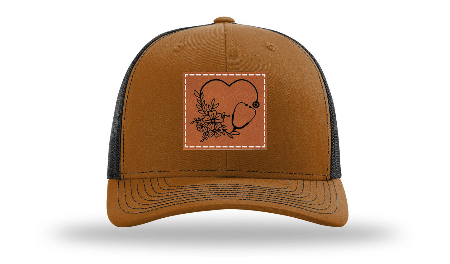 Heart Flowers Stethoscope Leather Patch Richardson 112 Hat