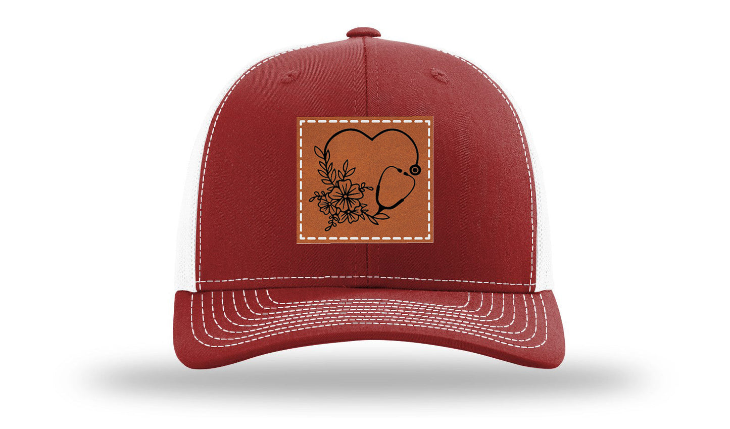 Heart Flowers Stethoscope Leather Patch Richardson 112 Hat