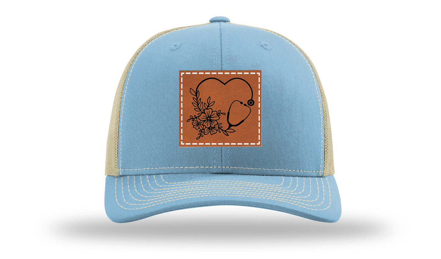 Heart Flowers Stethoscope Leather Patch Richardson 112 Hat