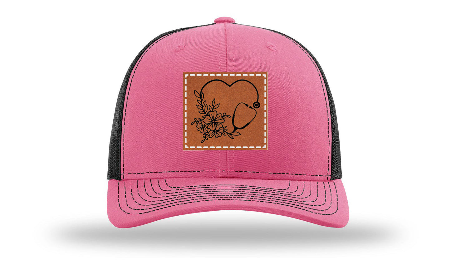 Heart Flowers Stethoscope Leather Patch Richardson 112 Hat