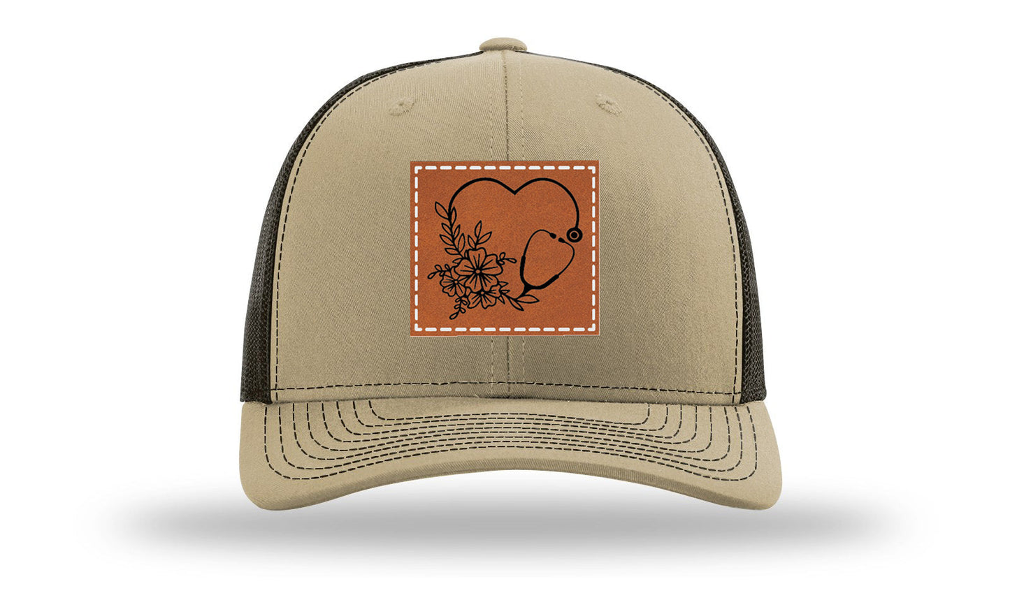 Heart Flowers Stethoscope Leather Patch Richardson 112 Hat