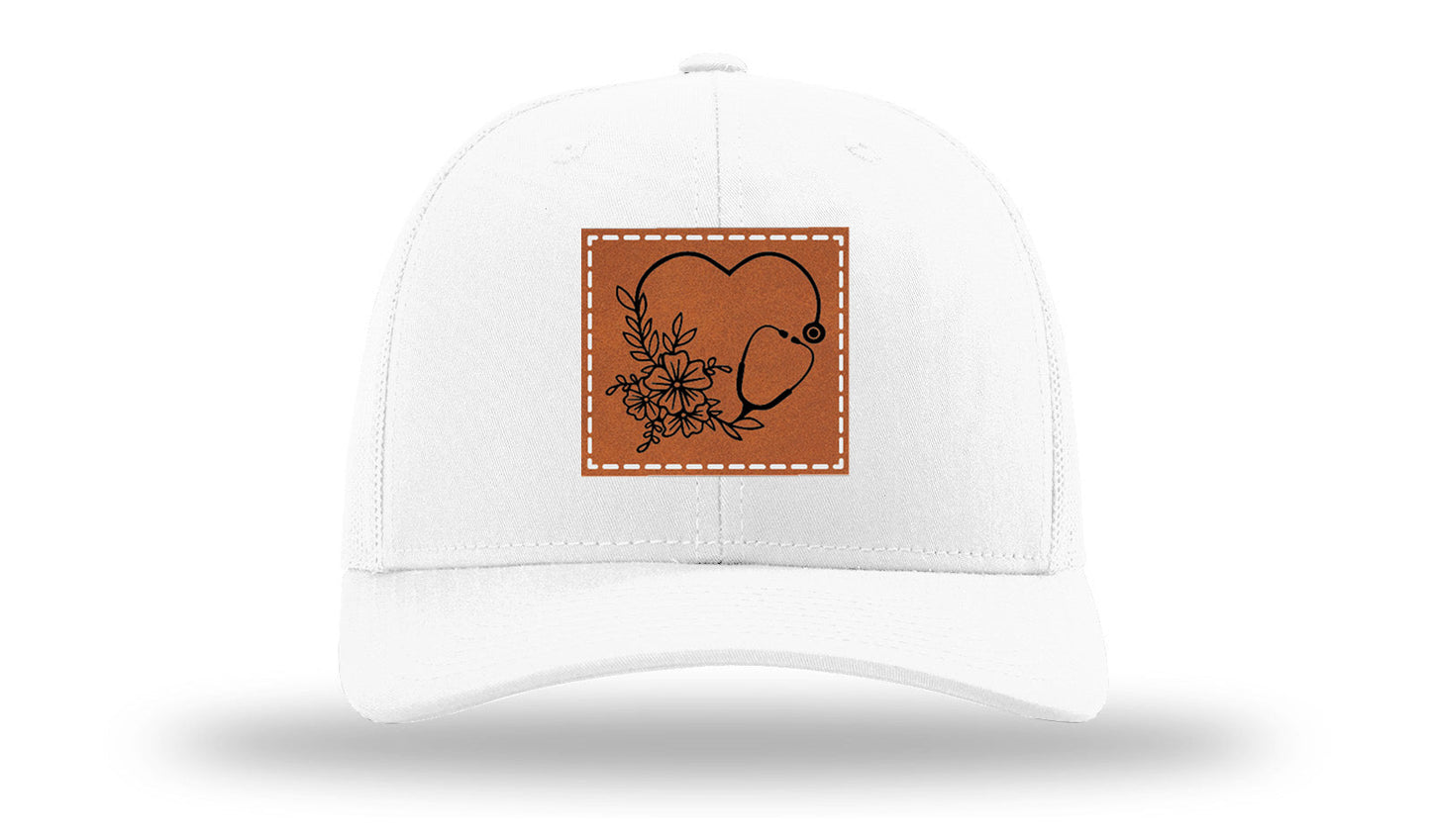 Heart Flowers Stethoscope Leather Patch Richardson 112 Hat