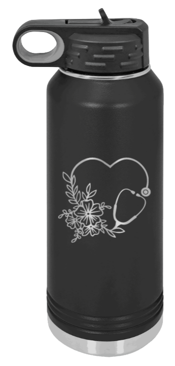 Heart Flowers Stethoscope - 32oz Water Bottle Laser Engraved- Black