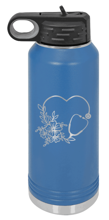 Heart Flowers Stethoscope - 32oz Water Bottle Laser Engraved- Royal Blue