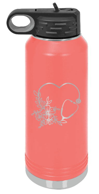 Heart Flowers Stethoscope - 32oz Water Bottle Laser Engraved- Coral