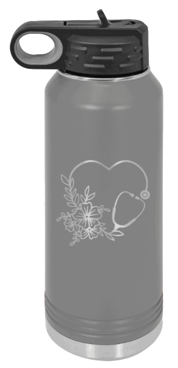 Heart Flowers Stethoscope - 32oz Water Bottle Laser Engraved- Dark Grey