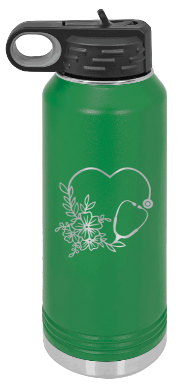 Heart Flowers Stethoscope - 32oz Water Bottle Laser Engraved- Green
