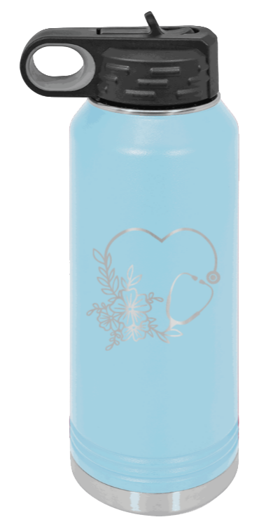 Heart Flowers Stethoscope - 32oz Water Bottle Laser Engraved- Light Blue