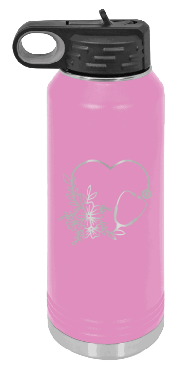 Heart Flowers Stethoscope - 32oz Water Bottle Laser Engraved- Light Purple