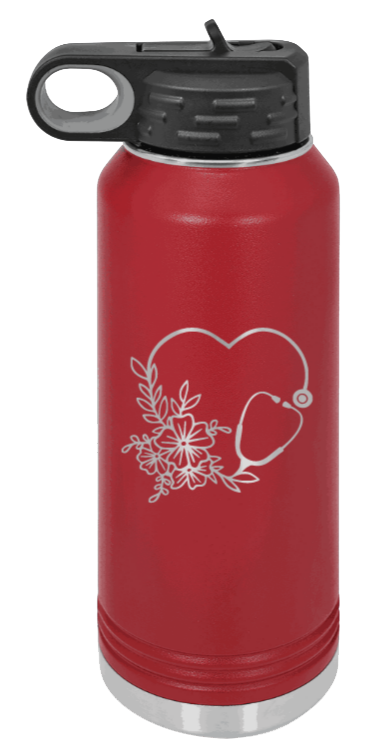Heart Flowers Stethoscope - 32oz Water Bottle Laser Engraved- Maroon