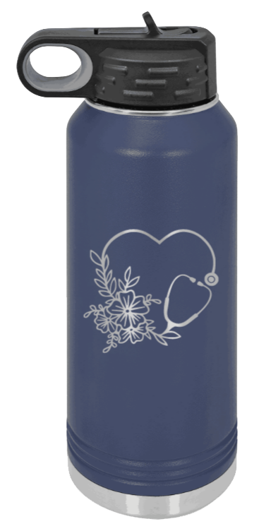 Heart Flowers Stethoscope - 32oz Water Bottle Laser Engraved- Navy