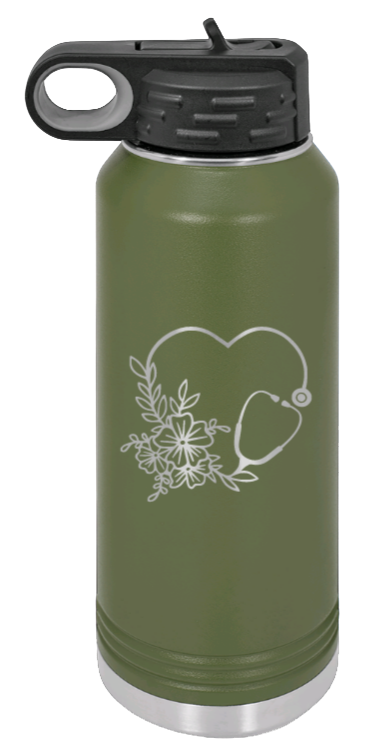 Heart Flowers Stethoscope - 32oz Water Bottle Laser Engraved- Olive