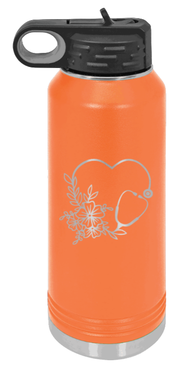 Heart Flowers Stethoscope - 32oz Water Bottle Laser Engraved- Orange