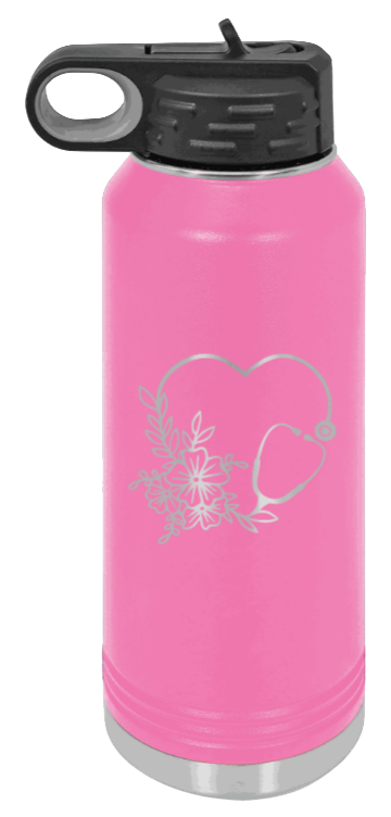 Heart Flowers Stethoscope - 32oz Water Bottle Laser Engraved- Pink