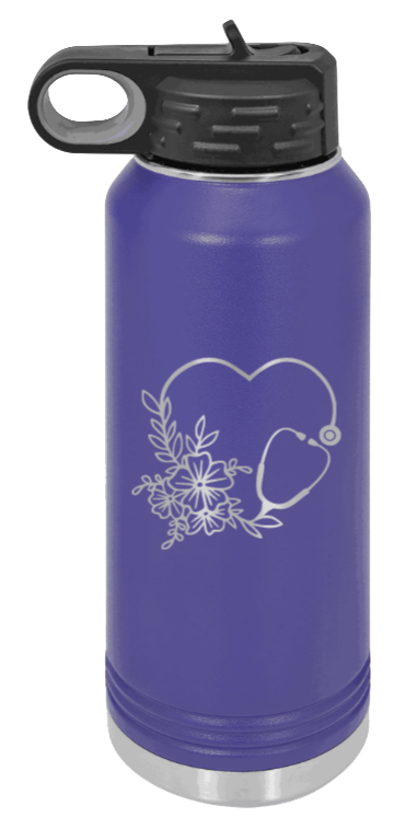 Heart Flowers Stethoscope - 32oz Water Bottle Laser Engraved- Purple