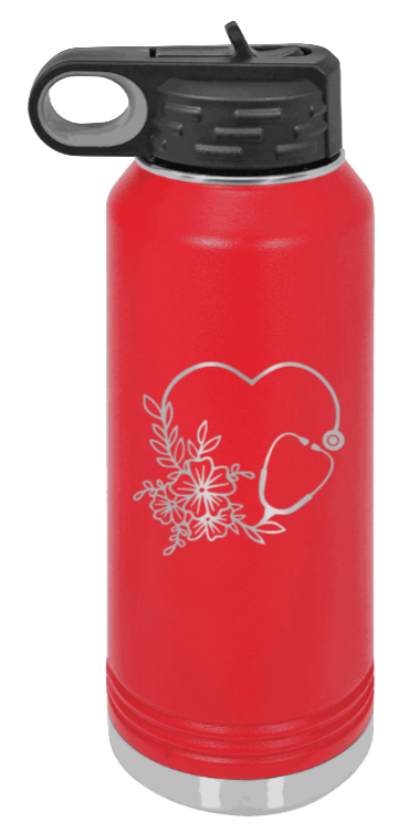 Heart Flowers Stethoscope - 32oz Water Bottle Laser Engraved- Red