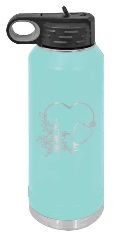 Heart Flowers Stethoscope - 32oz Water Bottle Laser Engraved- Teal