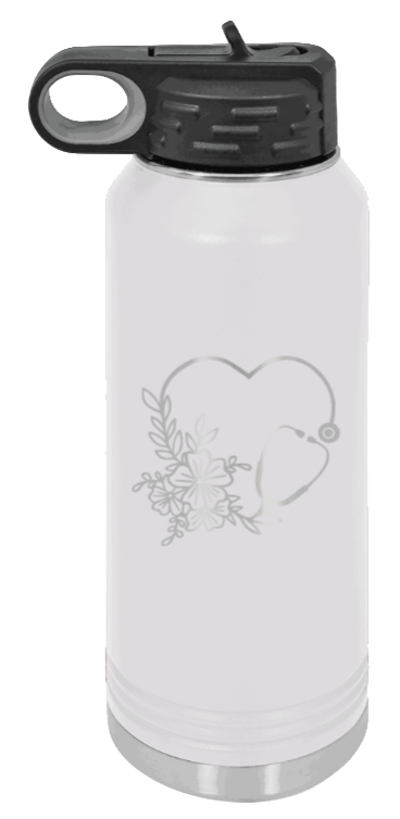 Heart Flowers Stethoscope - 32oz Water Bottle Laser Engraved- White