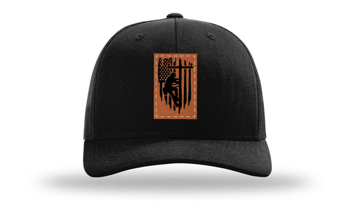 Richarson 112 Black Hat with 'Girl Dad' text Rawhide Leather Patch Hat with White stitching.