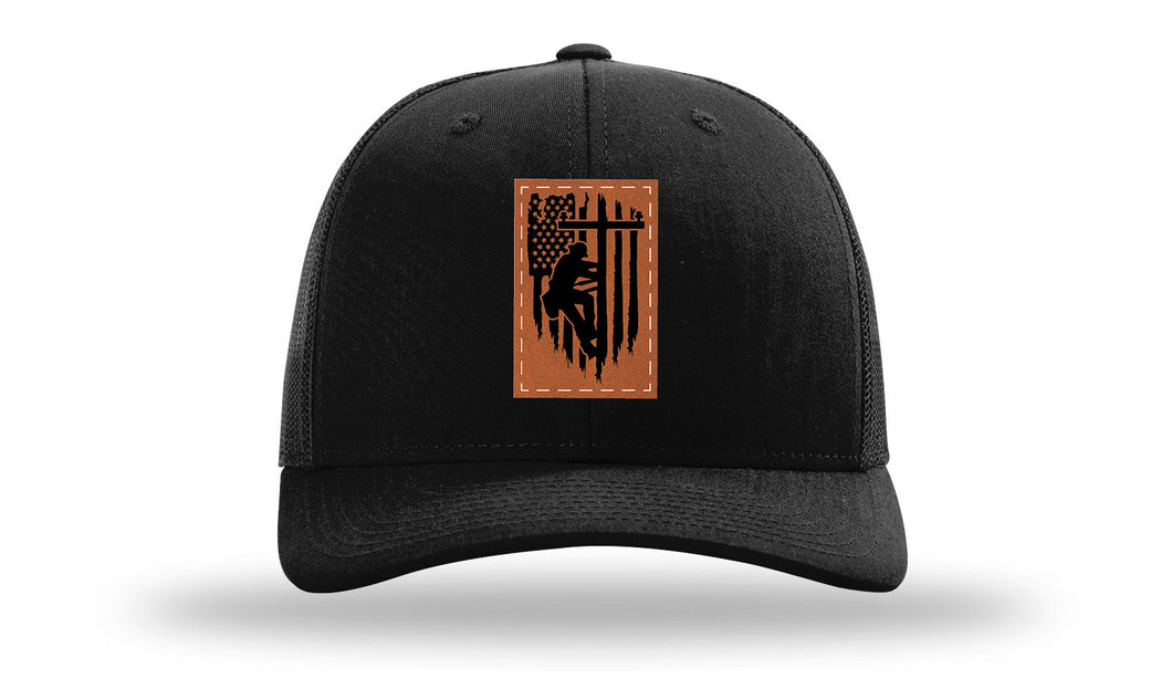 Richarson 112 Black Hat with 'Girl Dad' text Rawhide Leather Patch Hat with White stitching.