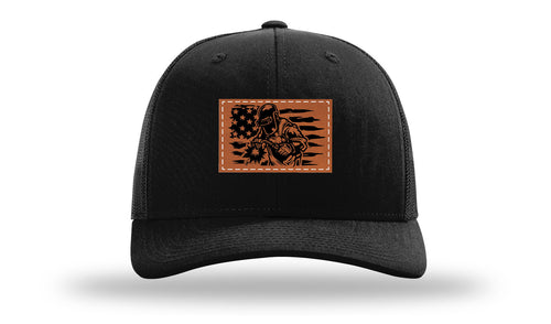 Richarson 112 Black Hat with 'Girl Dad' text Rawhide Leather Patch Hat with White stitching.