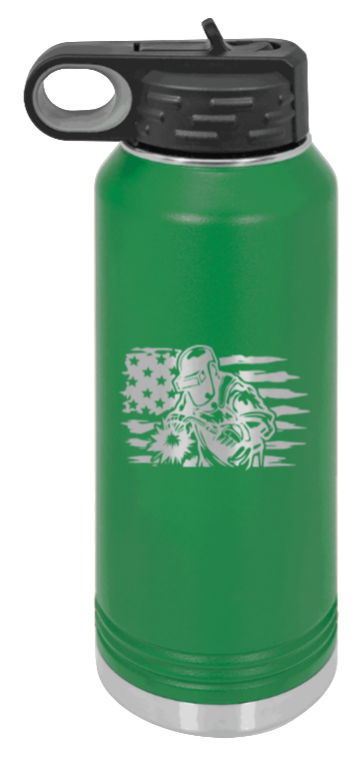 Welder Flag - 32oz Water Bottle Laser Engraved- Green