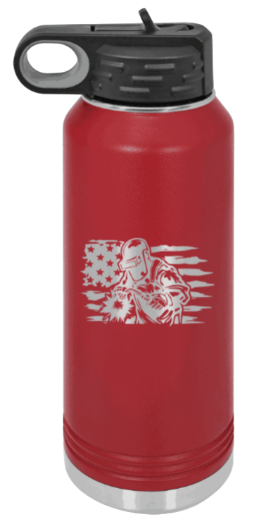 Welder Flag - 32oz Water Bottle Laser Engraved- Maroon