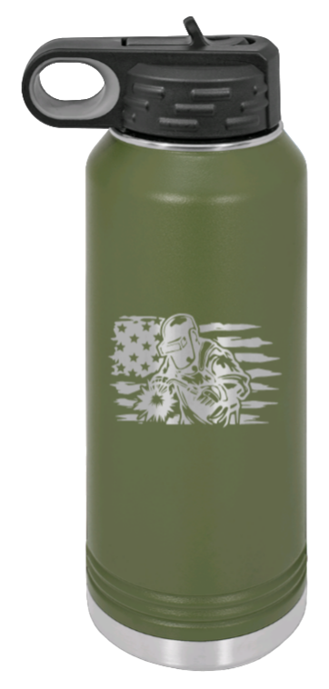 Welder Flag - 32oz Water Bottle Laser Engraved- Olive