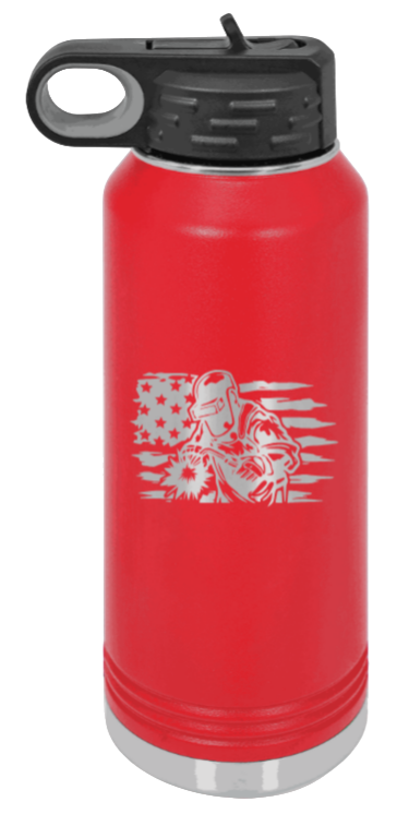 Welder Flag - 32oz Water Bottle Laser Engraved- Red