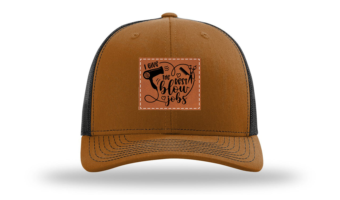 I Give The Best Blow Jobs Leather Patch Richardson 112 Hat-Caramel / Black