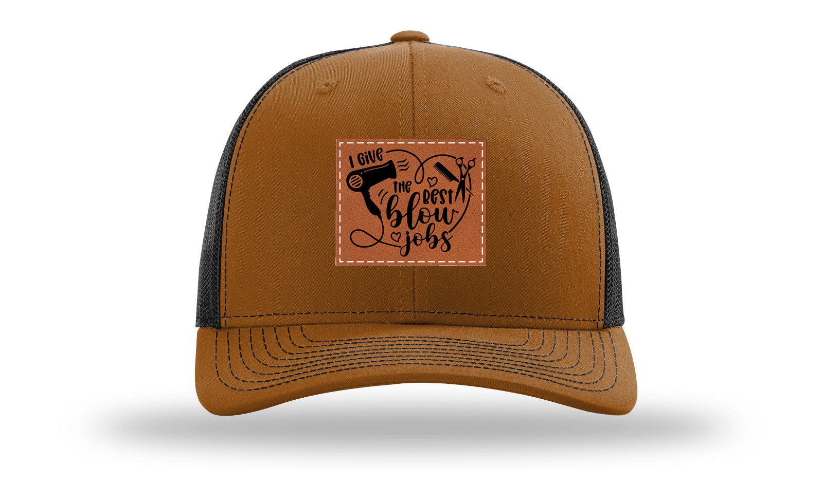 I Give The Best Blow Jobs Leather Patch Richardson 112 Hat-Caramel / Black