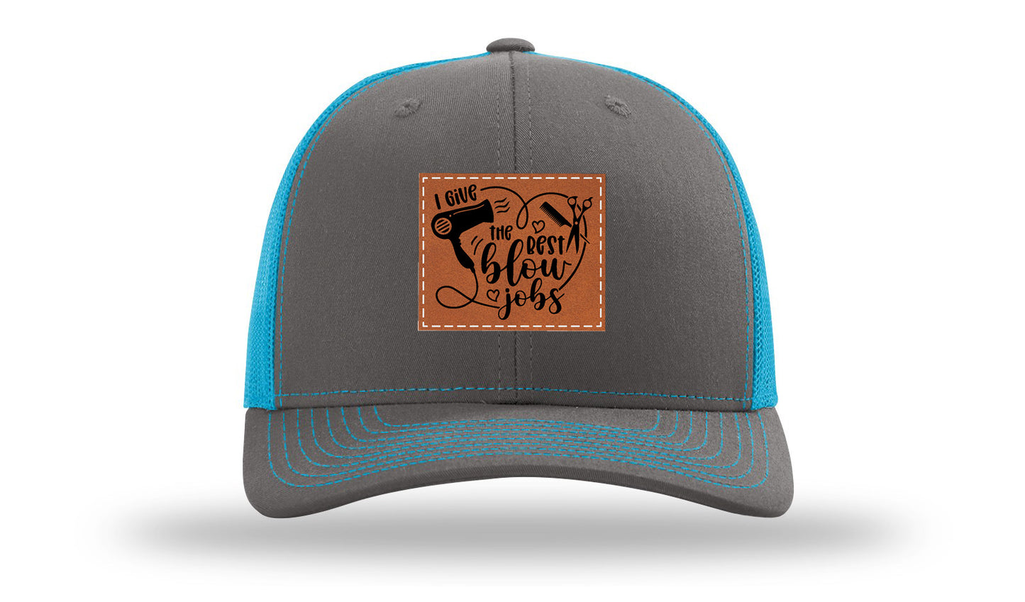 I Give The Best Blow Jobs Leather Patch Richardson 112 Hat-Charcoal / Neon Blue