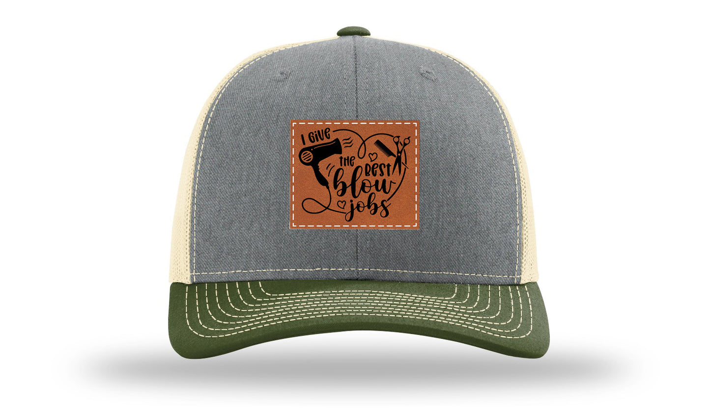 I Give The Best Blow Jobs Leather Patch Richardson 112 Hat-Heather Grey / Birch / Army Olive