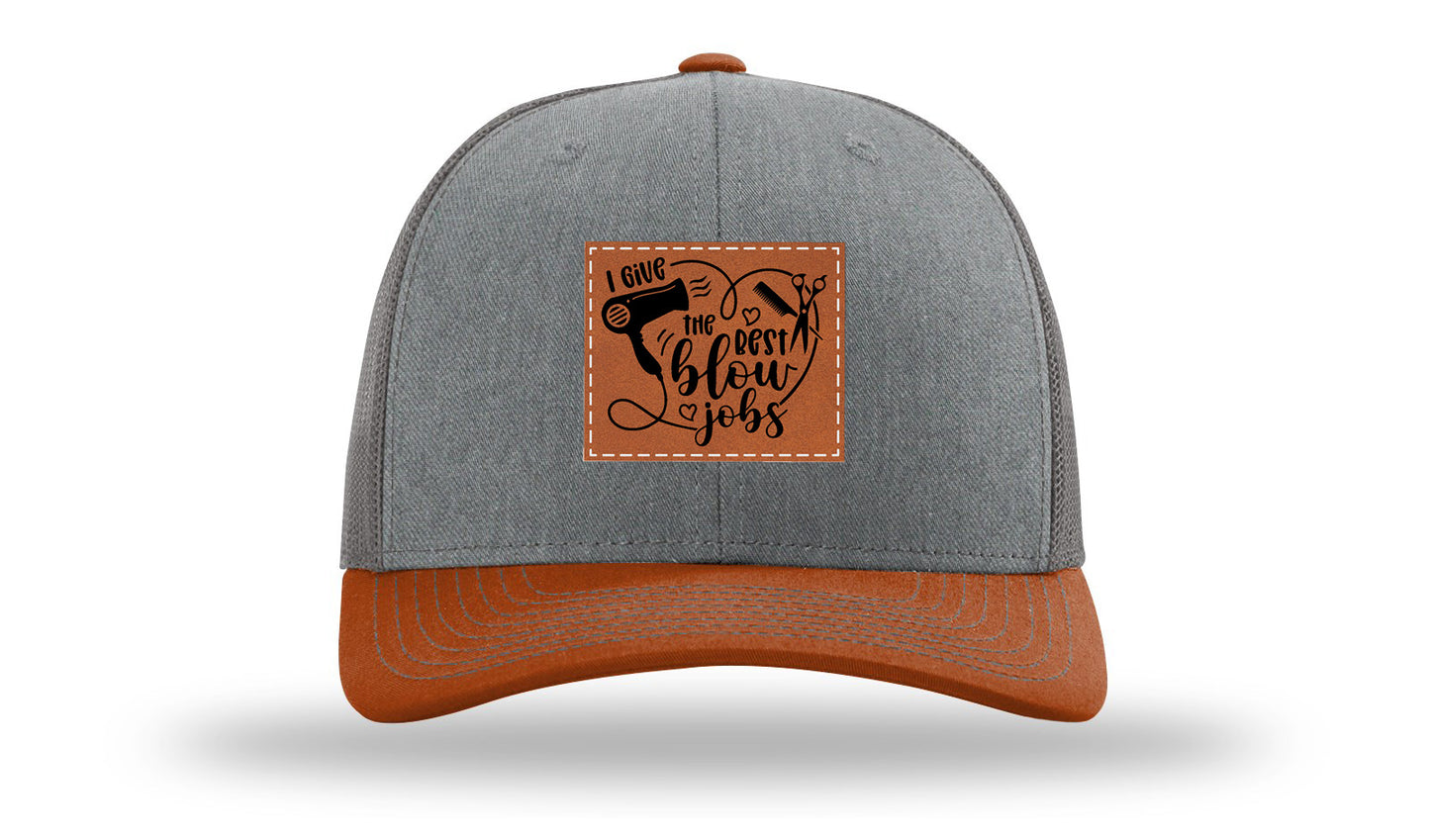 I Give The Best Blow Jobs Leather Patch Richardson 112 Hat-Heather Grey / Charcoal / Dark Orange