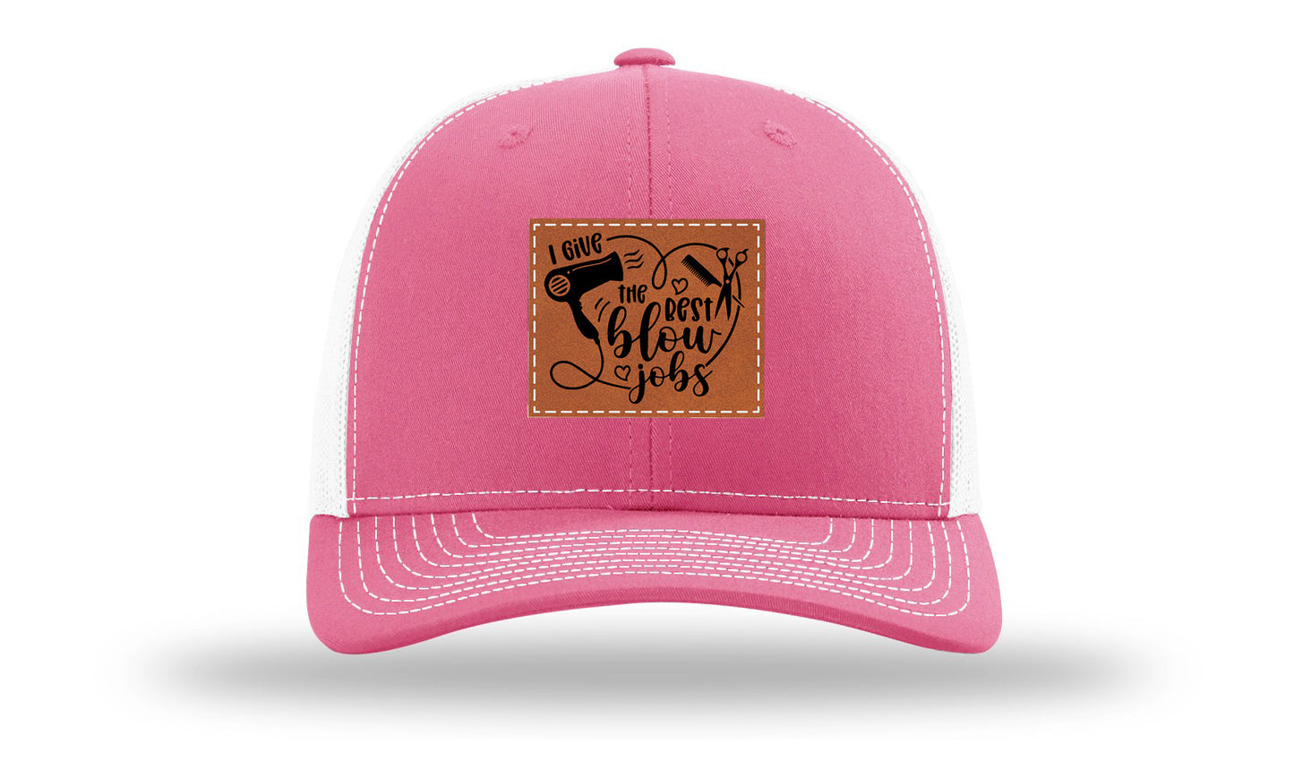 I Give The Best Blow Jobs Leather Patch Richardson 112 Hat-Hot Pink / White