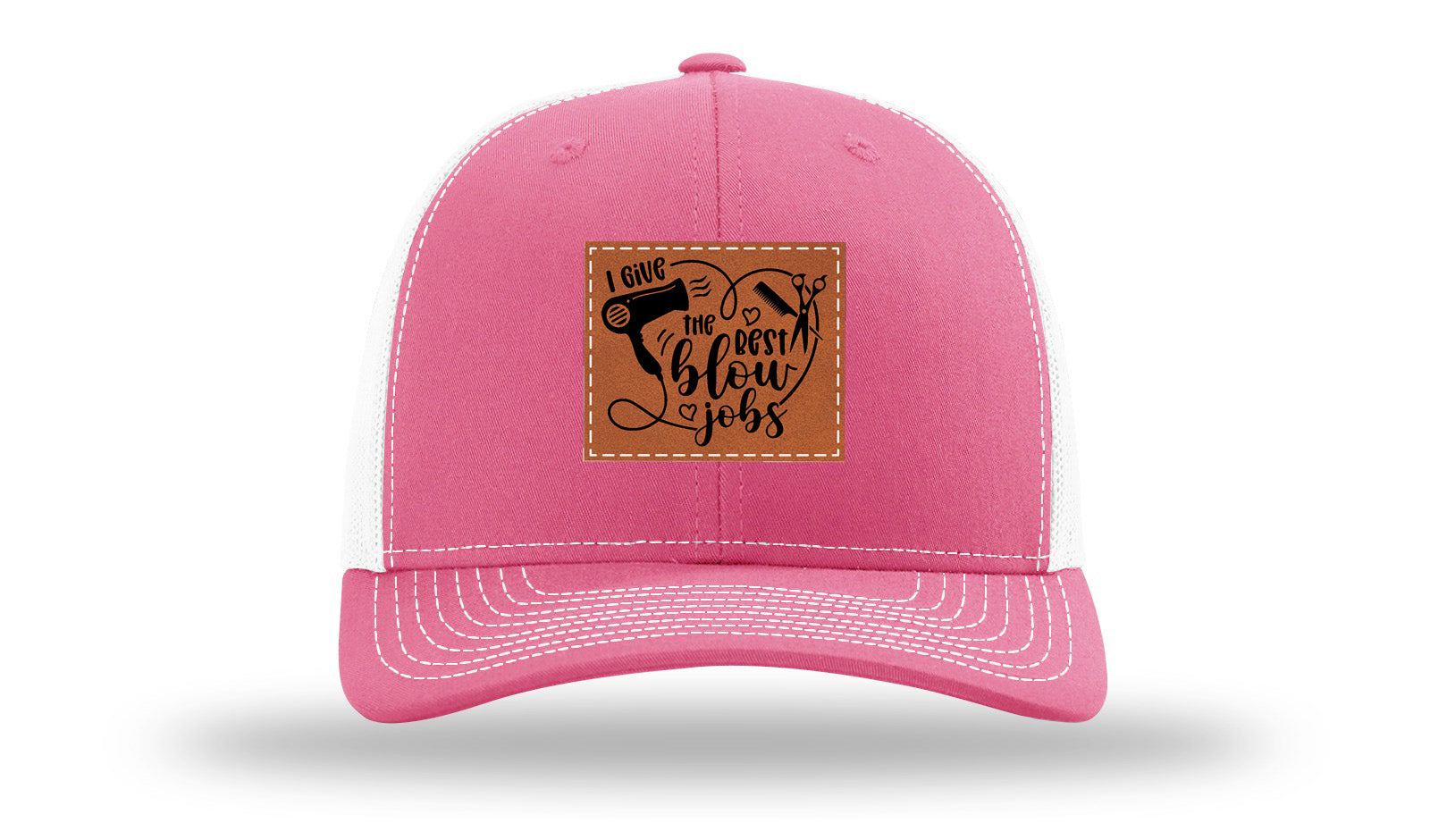 I Give The Best Blow Jobs Leather Patch Richardson 112 Hat-Hot Pink / White