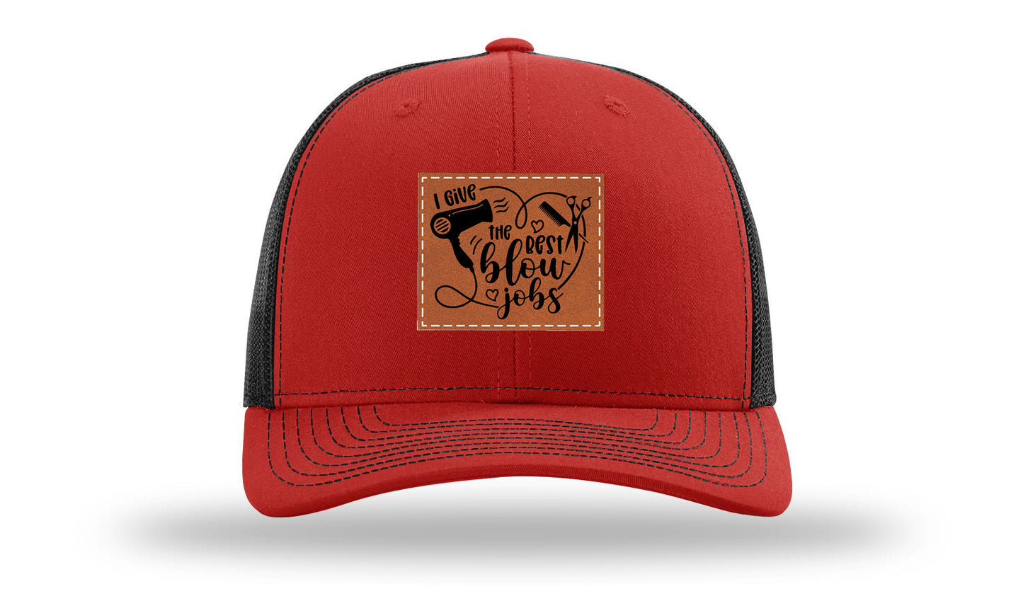 I Give The Best Blow Jobs Leather Patch Richardson 112 Hat-Red / Black