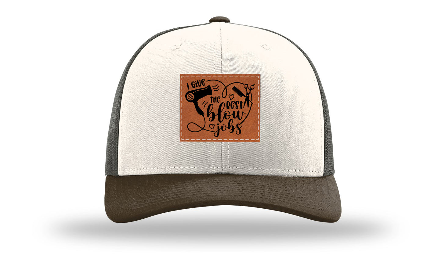I Give The Best Blow Jobs Leather Patch Richardson 112 Hat-Cream / Gray Brown / Brown