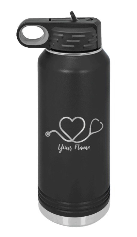Heart Stethoscope with Name - 32oz Water Bottle Laser Engraved- Black