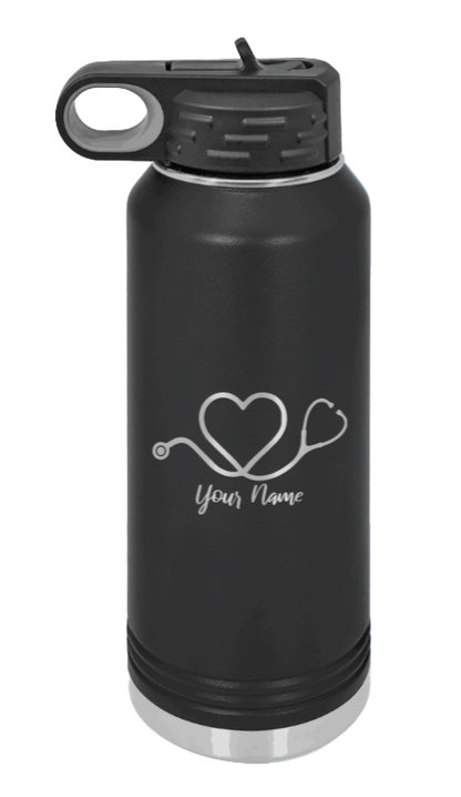Heart Stethoscope with Name - 32oz Water Bottle Laser Engraved- Black